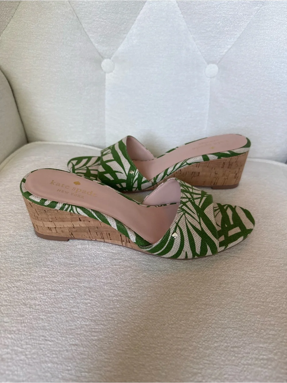 Kate Spade Palm Leaf Cork Wedge Sandals Green Tropical Size 8.5